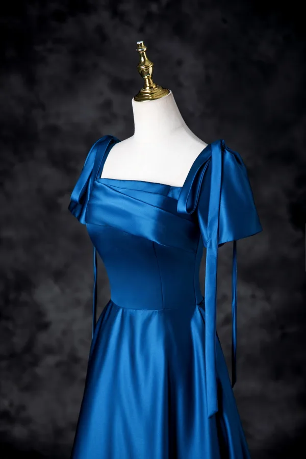 Vintage / Retro Royal Blue Satin Prom Dresses 2025 A-Line / Princess Square Neckline Short Sleeve Bow Backless Floor-Length / Long Prom Formal Dresses