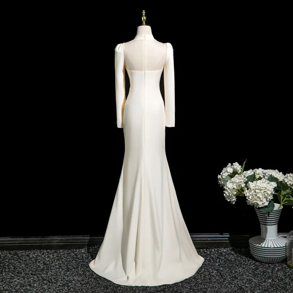 Vintage / Retro Ivory Lace Flower Evening Dresses 2025 Trumpet / Mermaid High Neck Long Sleeve Sweep Train Evening Party Formal Dresses