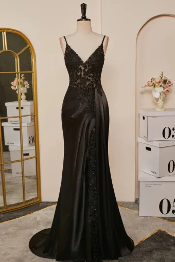 Sexy Black Satin Lace Split Front Prom Dresses 2024 Crossed Straps Sleeveless Spaghetti Straps Trumpet Mermaid Floor Length Long Formal Dresses