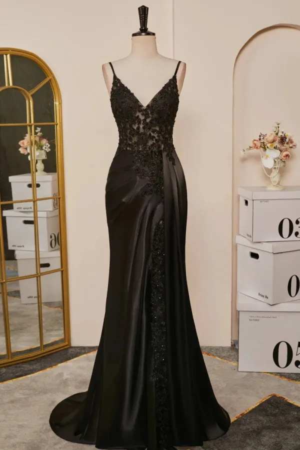 Sexy Black Satin Lace Split Front Prom Dresses 2024 Crossed Straps Sleeveless Spaghetti Straps Trumpet / Mermaid Floor-Length / Long Formal Dresses