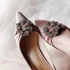 Elegant Champagne Rhinestone Wedding Shoes 2020 Leather 10 cm Stiletto Heels Pointed Toe Wedding Pumps