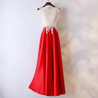 Chic Belle Rouge Robe De Ceremonie 2017 En Dentelle Fleur Perle Encolure Dégagée Longueur Cheville Sans Manches Princesse Robe De Soirée