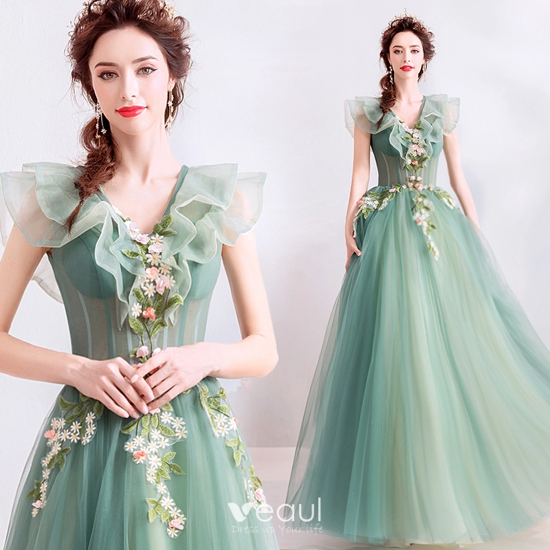 A Line V Neck Sage Green Lace Prom Dresses, Green Lace Formal Gradution  Dresses