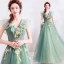 Elegant Sage Green Prom Dresses 2019 A-Line / Princess Ruffle V-Neck Lace Flower Appliques Sleeveless Backless Floor-Length / Long Formal Dresses