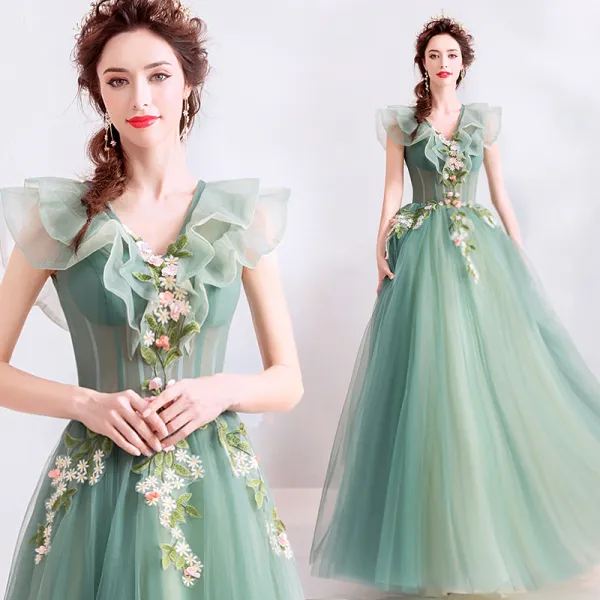 Elegant Sage Green Prom Dresses 2019 A-Line / Princess Ruffle V-Neck Lace Flower Appliques Sleeveless Backless Floor-Length / Long Formal Dresses
