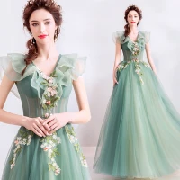 Elegantes Verde Salvia Vestidos de gala 2019 A-Line / Princess Ruffle V-Cuello Con Encaje Flor Apliques Sin Mangas Sin Espalda Largos Vestidos Formales