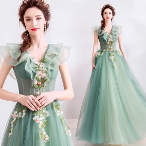 Elegante Salbeigrün Ballkleider 2019 A Linie Rüschen V Ausschnitt Spitze Blumen Applikationen Ärmellos Rückenfreies Lange Festliche Kleider
