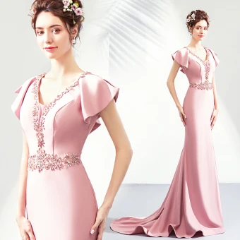 Mooie Prachtige Blozen Roze Avondjurken 2019 Trompet Zeemeermin V Hals Kristal Rhinestone Korte Mouwen Ruglooze Lange Gelegenheid Jurken