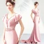 Chic / Beautiful Blushing Pink Evening Dresses  2019 Trumpet / Mermaid V-Neck Crystal Rhinestone Short Sleeve Backless Floor-Length / Long Formal Dresses