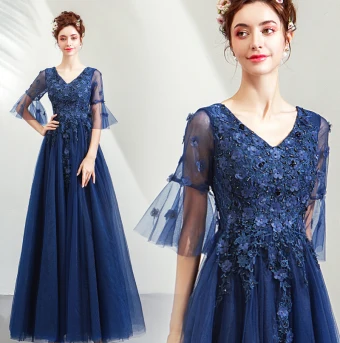 Elegante Donkerblauwe Galajurken 2019 A Lijn V Hals Kralen Kristal Kant Bloem Appliques 1 2 Mouwen Ruglooze Lange Gelegenheid Jurken
