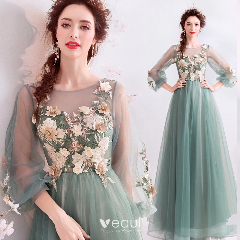 Flower Fairy Jade Green Prom Dresses 2019 A Line Princess Scoop Neck Lace Flower Appliques Pearl Rhinestone 3 4 Sleeve Backless Floor Length Long Formal Dresses