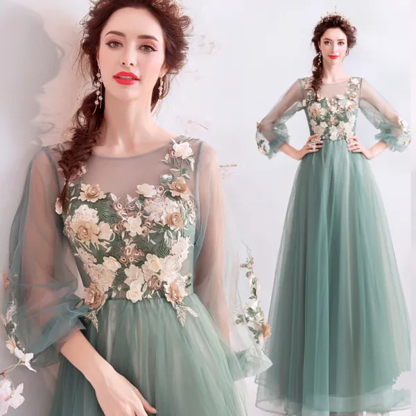 Flower Fairy Jade Green Prom Dresses 2019 A-Line / Princess Scoop Neck Lace Flower Appliques Pearl Rhinestone 3/4 Sleeve Backless Floor-Length / Long Formal Dresses