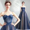 Elegant Navy Blue Prom Dresses 2019 A-Line / Princess Sweetheart Sleeveless Backless Court Train Formal Dresses