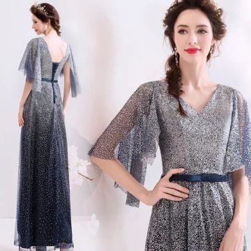 Scintillantes Bleu Marine Dégradé De Couleur Robe De Soirée 2019 Princesse V Cou Paillettes Noeud 1 2 Manches Dos Nu Longue Robe De Ceremonie