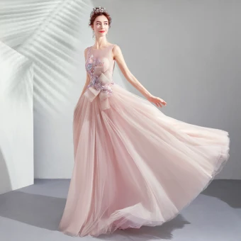 Elegante Parel Roze Avondjurken 2019 A Lijn Ronde Hals Appliques Kant Bloem Strik Kralen Parel Rhinestone Mouwloos Ruglooze Lange Gelegenheid Jurken