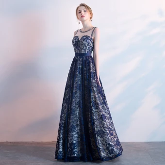 Chic Belle Bleu Marine Robe De Soirée 2018 Princesse Ceinture Perlage Cristal Dentelle Encolure Dégagée Dos Nu Sans Manches Longue Robe De Ceremonie