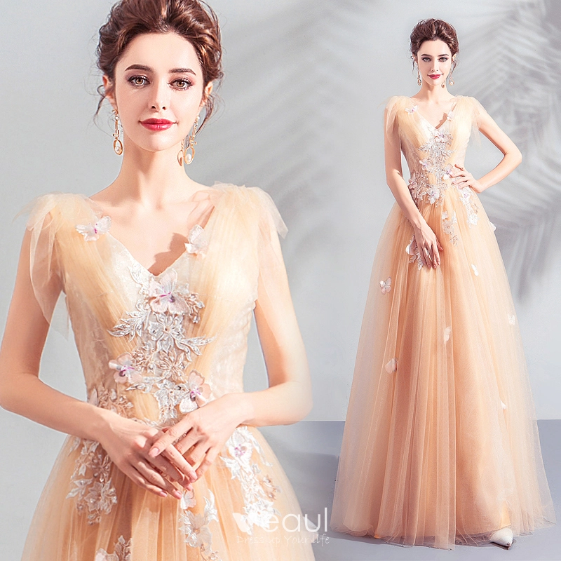 Elegant Champagne Prom Dresses 2019 A-Line / Princess V-Neck
