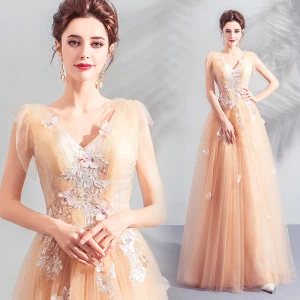 Élégant Champagne Robe De Bal 2019 Princesse V Cou Appliques En Dentelle Fleur Perlage Paillettes Sans Manches Dos Nu Longue Robe De Ceremonie