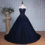 Elegant Mørk Marineblå Ballkjoler 2019 Prinsesse Kjæreste Beading Paljetter Rhinestone Blonder Blomst Uten Ermer Ryggløse Chapel Train Formelle Kjoler