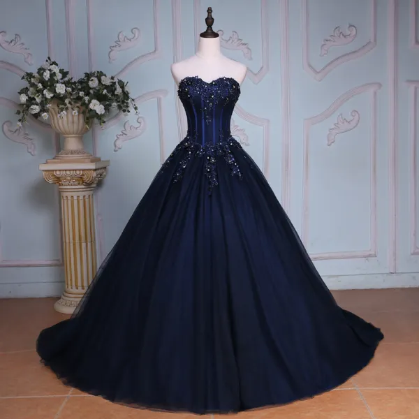 Elegant Navy Blue Prom Dresses 2019 A-Line / Princess Sweetheart Beading Sequins Rhinestone Lace Flower Sleeveless Backless Chapel Train Formal Dresses