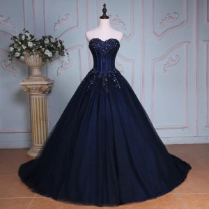 Elegant Navy Blue Prom Dresses 2019 A Line Princess Sweetheart Beading Sequins Rhinestone Lace Flower Sleeveless Backless Chapel Train Formal Dresses