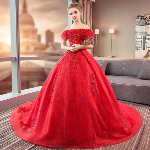 Charming Red Wedding Dresses 2019 Ball Gown Off-The-Shoulder Lace Sequins Appliques Tassel Short Sleeve Backless Cathedral Train Charming Red Wedding Dresses 2019 Ball Gown Off-The-Shoulder Lace Sequins Appliques Tassel Short Sleeve Backless Cathedral Train