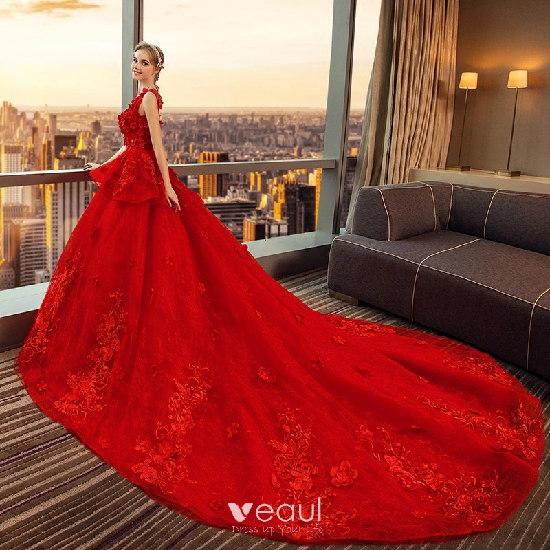 Charming Red Wedding Dresses 2019 Ball Gown Off-The-Shoulder Lace Sequins  Appliques Tassel Short Sleeve Backless Cathedral Train