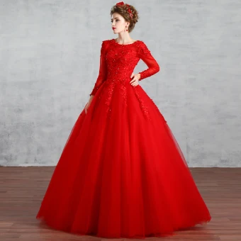 Chic Belle Musulmane Rouge Robe De Mariée 2019 Robe Boule Encolure Dégagée En Dentelle Fleur Faux Diamant Paillettes Manches Longues Dos Nu Longue