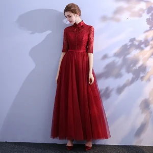 Style Chinois Bordeaux Robe De Soirée 2019 Princesse Col Haut En Dentelle Perlage Cristal Noeud Ceinture 1 2 Manches Longue Robe De Ceremonie