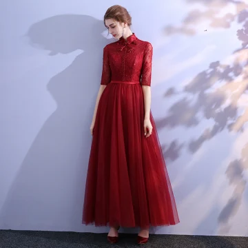 Chinese Style Burgundy Evening Dresses 2019 A Line Princess High Neck Lace Beading Crystal Bow Sash 1 2 Sleeves Floor Length Long Formal Dresses