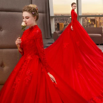Kinesisk Stil Muslimsk Röd Bröllopsklänningar 2019 Prinsessa Hög Hals Beading Appliqués Spets Blomma Långärmad Royal Train