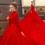 Chinese style Muslim Red Wedding Dresses 2019 A-Line / Princess High Neck Beading Appliques Lace Flower Long Sleeve Royal Train