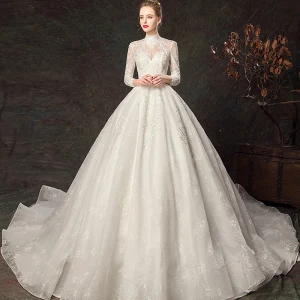 Elegante Ivoor Trouwjurken 2019 Baljurk Hoge Kraag Kant Bloem 3 4 Mouwen Ruglooze Royal Train