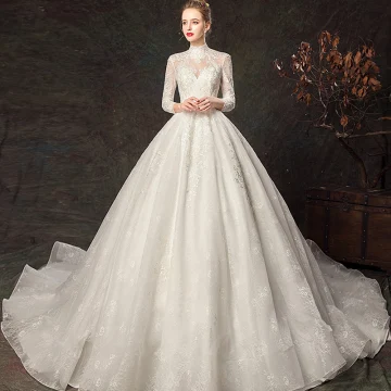 Eleganta Elfenben Bröllopsklänningar 2019 Balklänning Hög Hals Spets Blomma 3 4 Ärm Halterneck Royal Train
