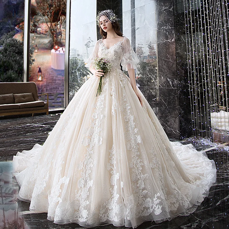 white christmas dresses Custom Lace Light Champagne Ruffled Wedding Dress Light Champagne main image 0