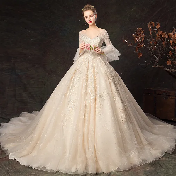 Elegant Champagne Wedding Dresses 2019 Ball Gown V-Neck Lace Flower Bell sleeves Backless Cathedral Train