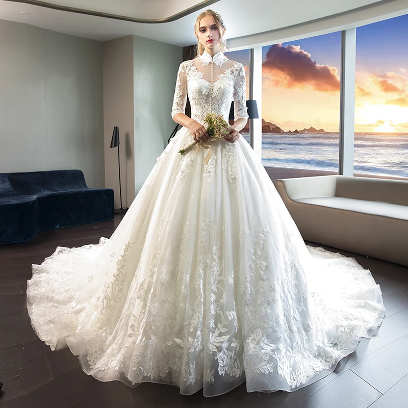 Chinese Style Ivory Wedding Dresses 2019 A Line Princess High Neck  Appliques Lace Flower Pearl 1 2 Sleeves Backless Cathedral Train