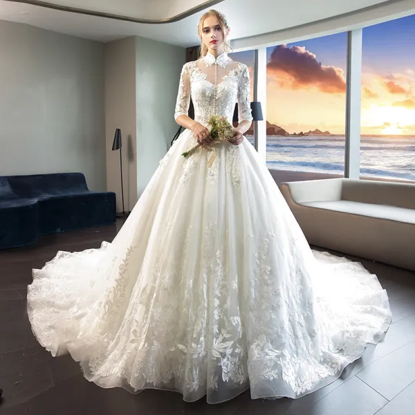 Chinese style Ivory Wedding Dresses 2019 A-Line / Princess High Neck Appliques Lace Flower Pearl 1/2 Sleeves Backless Cathedral Train
