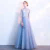 Chic / Beautiful Sky Blue Prom Dresses 2018 A-Line / Princess Lace Flower High Neck 1/2 Sleeves Floor-Length / Long Formal Dresses