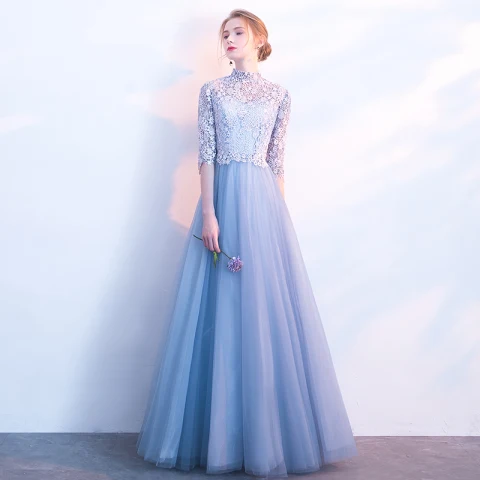 Piękne Błękitne Sukienki Na Bal 2018 Princessa Z Koronki Kwiat Wysokiej Szyi 1/2 Rękawy Długie Sukienki Wizytowe