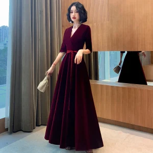 Elegant Burgundy Suede Evening Dresses 2021 A Line Princess V Neck Bow 1 2 Sleeves Floor Length Long Evening Party Formal Dresses