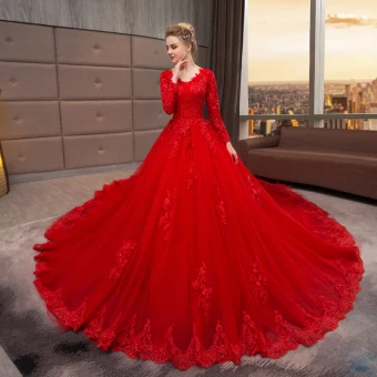 Chinese Style Muslim Red Wedding Dresses 2019 A Line Princess V Neck Lace Flower Crystal Sequins Long Sleeve Royal Train