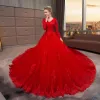 Chinese style Muslim Red Wedding Dresses 2019 A-Line / Princess V-Neck Lace Flower Crystal Sequins Long Sleeve Royal Train