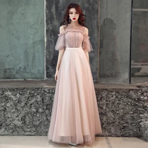 Élégant Perle Rose Robe De Soirée 2019 Princesse Encolure Dégagée Volants Ceinture Manches Courtes Dos Nu Longue Robe De Ceremonie