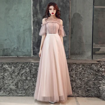 Elegant Pearl Pink Evening Dresses 2019 A Line Princess Scoop Neck Ruffle Sash Short Sleeve Backless Floor Length Long Formal Dresses