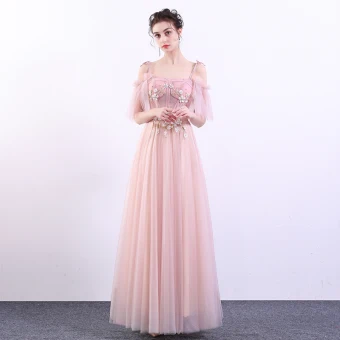 Elegant Candy Pink Prom Dresses 2019 A Line Princess Spaghetti Straps Lace Flower Pearl Short Sleeve Backless Floor Length Long Formal Dresses