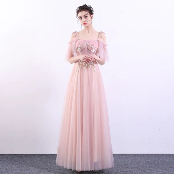 Elegant Candy Pink Prom Dresses 2019 A-Line / Princess Spaghetti Straps Lace Flower Pearl Short Sleeve Backless Floor-Length / Long Formal Dresses