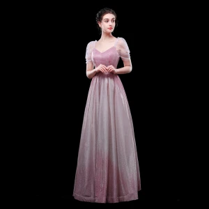 Charmant Dégradé De Couleur Rose Bonbon Robe De Soirée 2019 Princesse V Cou Glitter Polyester Manches Courtes Dos Nu Longue Robe De Ceremonie