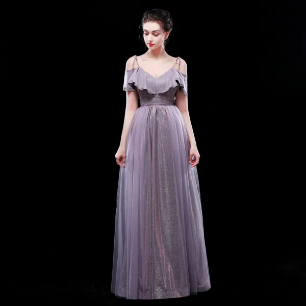 Charming Lavender Evening Dresses  2019 A-Line / Princess Spaghetti Straps Glitter Polyester Sleeveless Backless Floor-Length / Long Formal Dresses