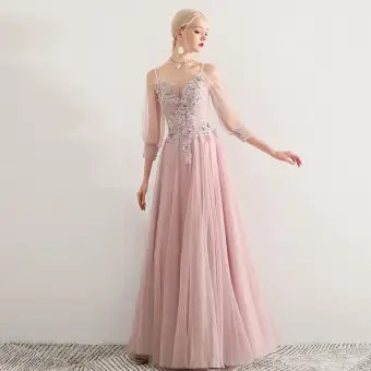 Elegante Blozen Roze Galajurken 2019 A Lijn Spaghettibandjes Appliques Kant Bloem Kralen 3 4 Mouwen Ruglooze Lange Gelegenheid Jurken